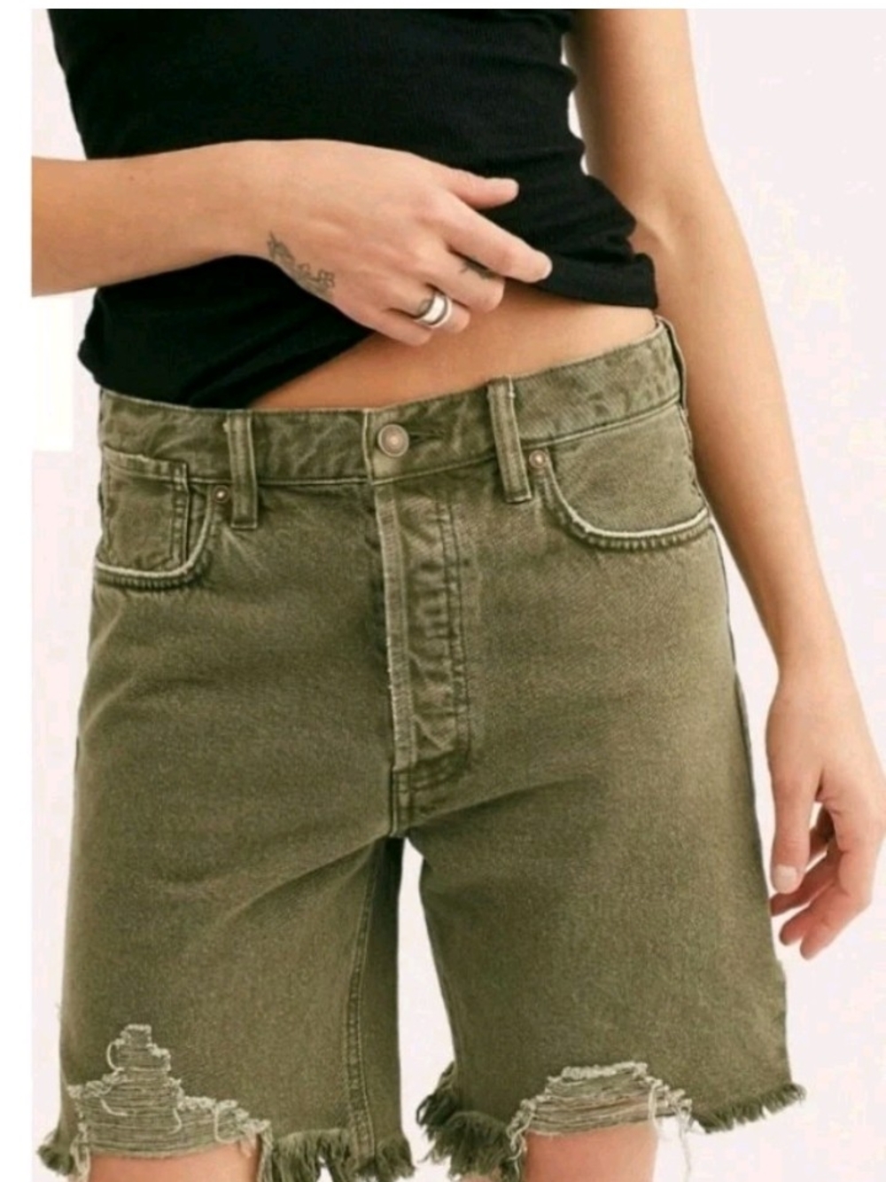 Free People Olive Green High-Rise Distressed Bermuda Shorts